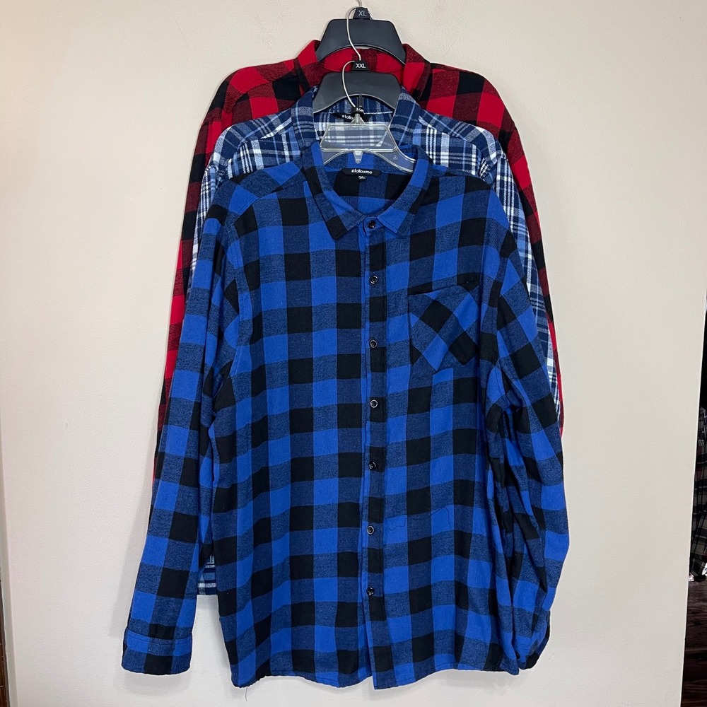 #followme Mens 2XL Flannel Shirt 3-Pack Plaid Buffalo Check Red Blue Long Sleeve